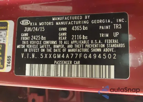 2015 Kia Optima Lx из США, поврежденный, VIN 5XXGM4A77FG494502